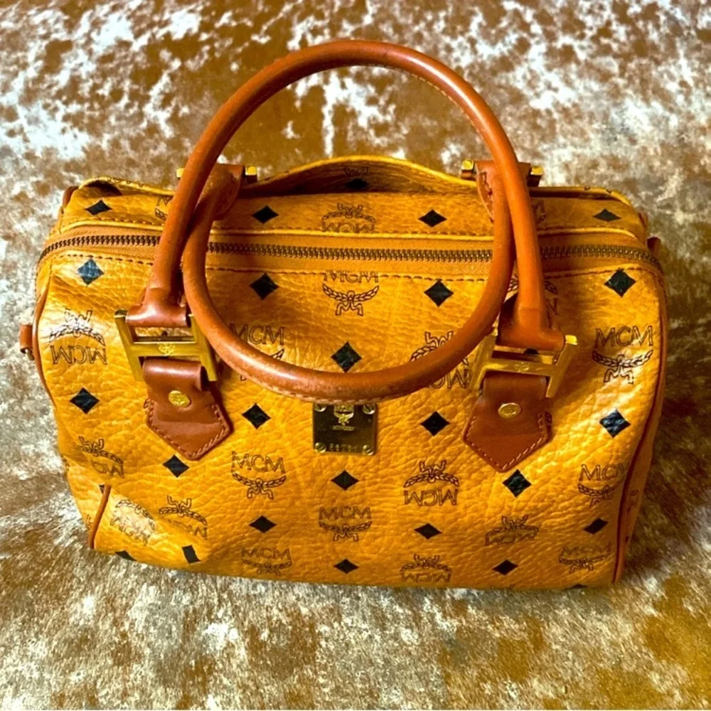 MCM Mini Boston Bag Visetos Brown w:Twilly, EUC